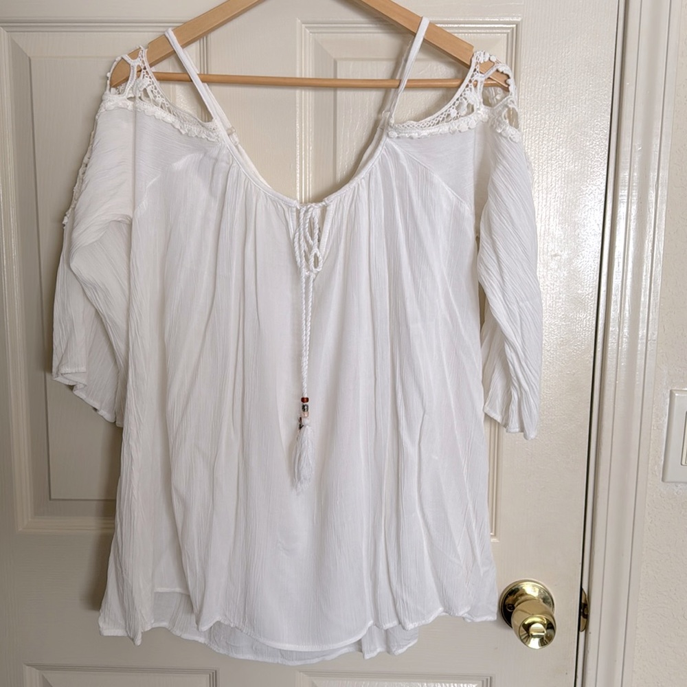 White boho semi-sheer off-shoulder lace top